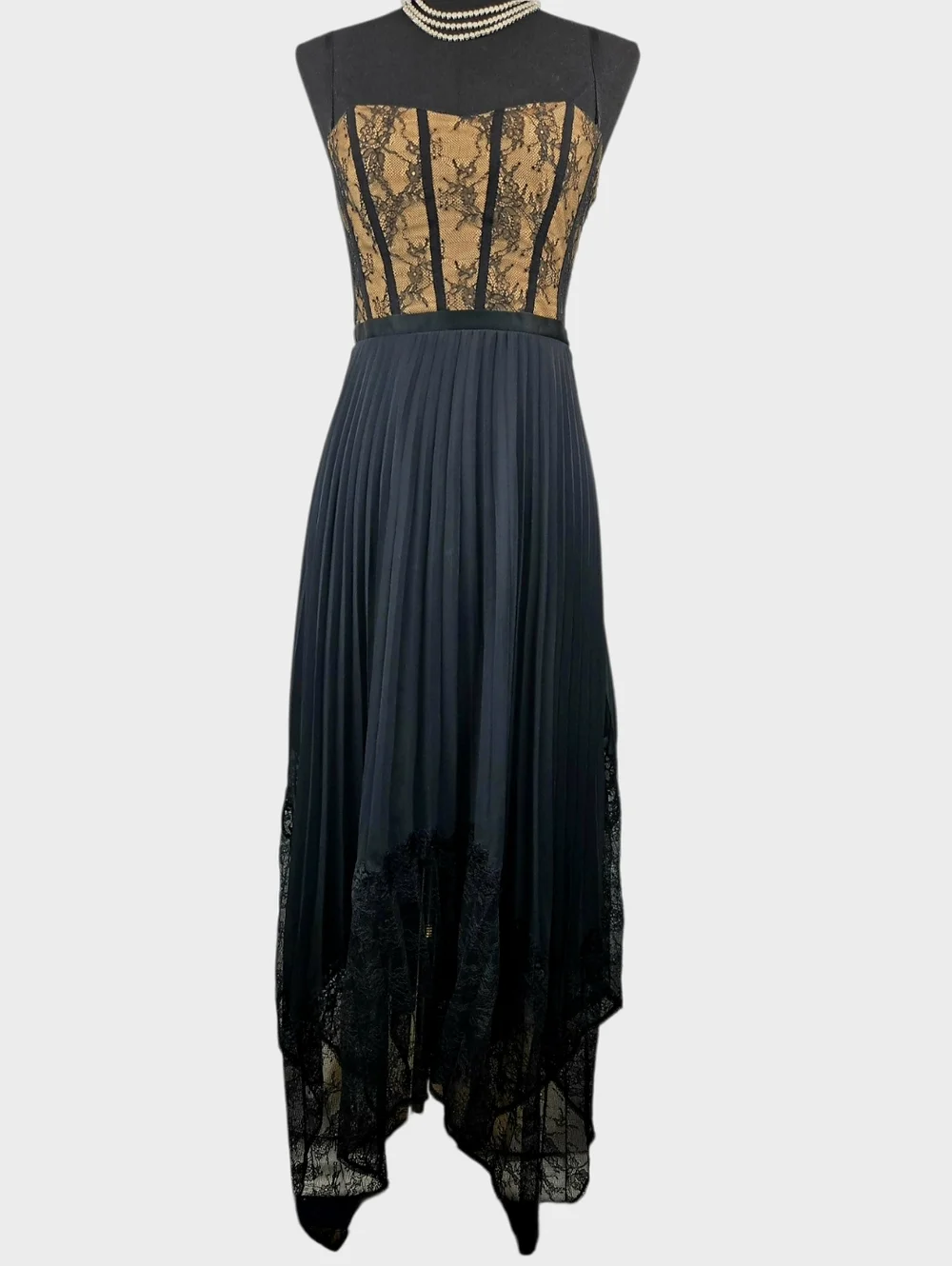 Black Lace-Trim Midi Dress with Handkerchief Hem - Picture 9 of 14